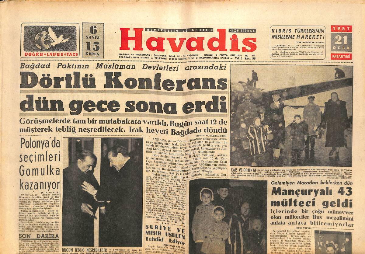 Havadis Gazetesi 21 Ocak 1957 - Rus-Çin Tebliği Batılılara Yaradı - Dörtlü Konferans Dün Gece Sona Erdi GZ142871 - 1