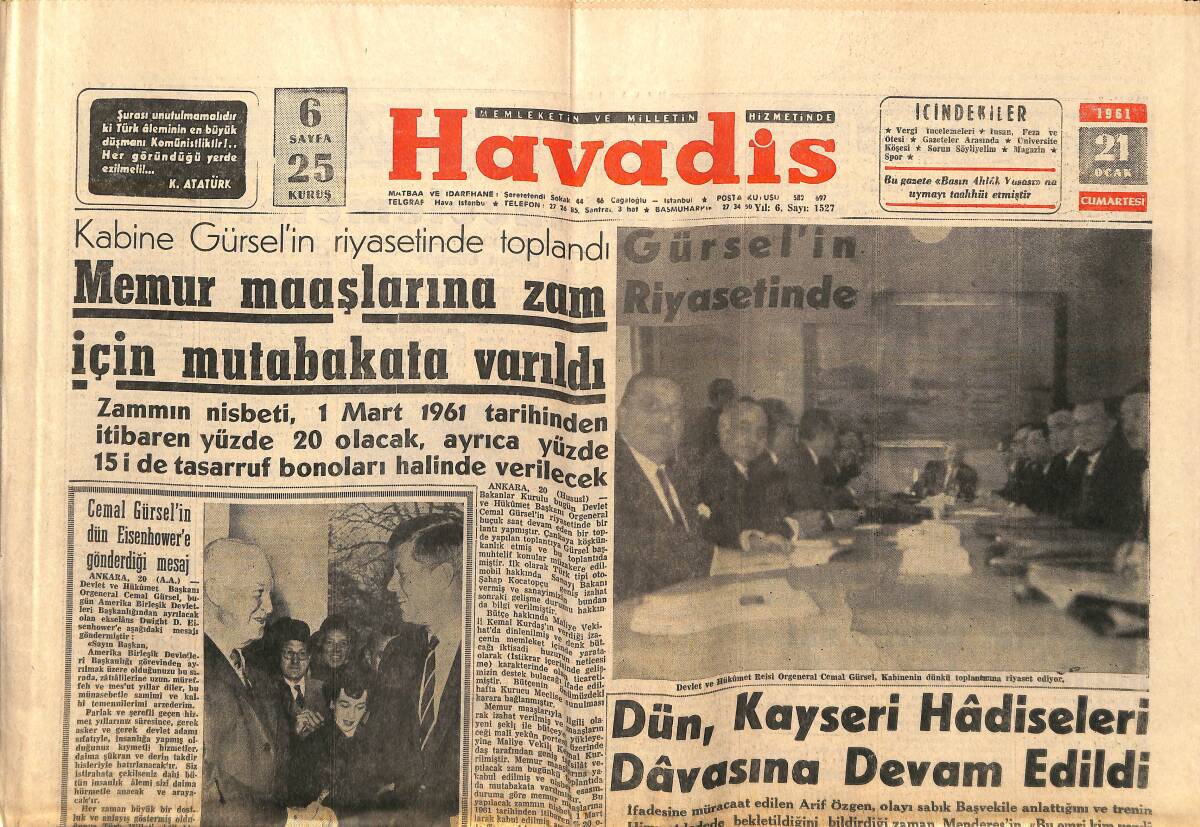 Havadis Gazetesi 21 Ocak 1961 - Kennedy'nin Konuşması - Kayseri Hadiseleri Davasına Devam Edildi GZ147187 - 1