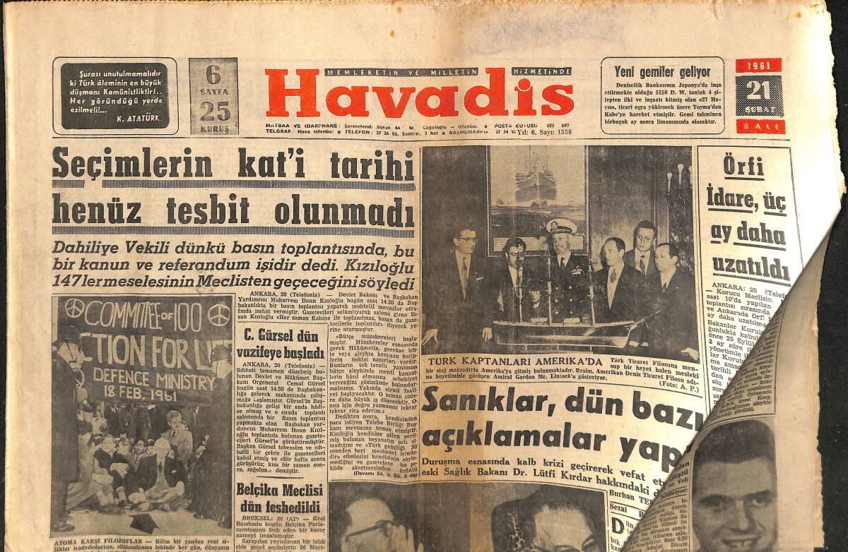 Havadis Gazetesi 21 Şubat 1961 - Kennedy Tunus'u Ziyaret Edecek - Ege Ekici Tütün Piyasası Açıldı GZ149089 - 1