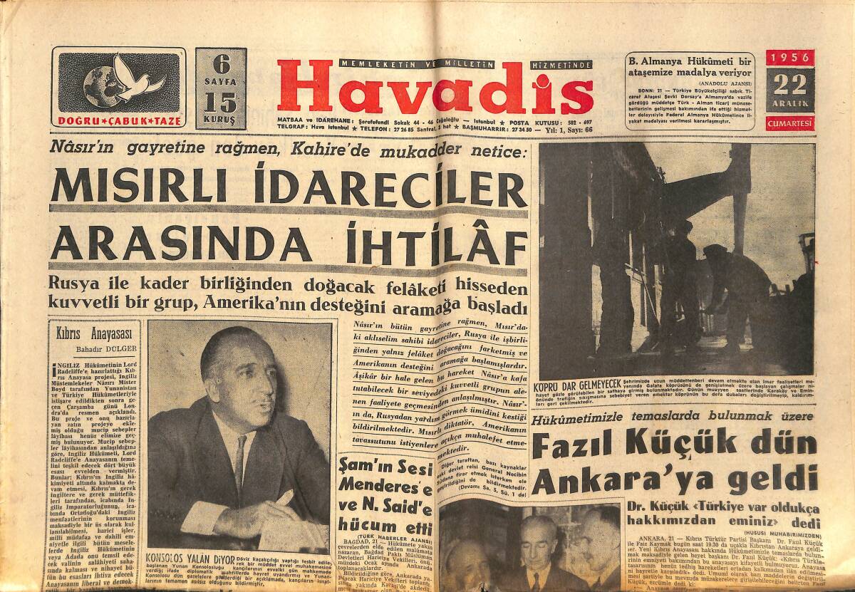 Havadis Gazetesi 22 Aralık 1956 - Fred Aster'in Yeni Partoneri 14 Yaşında - Mısırlı İdareciler Arasında İhtilaf GZ149004 - 1