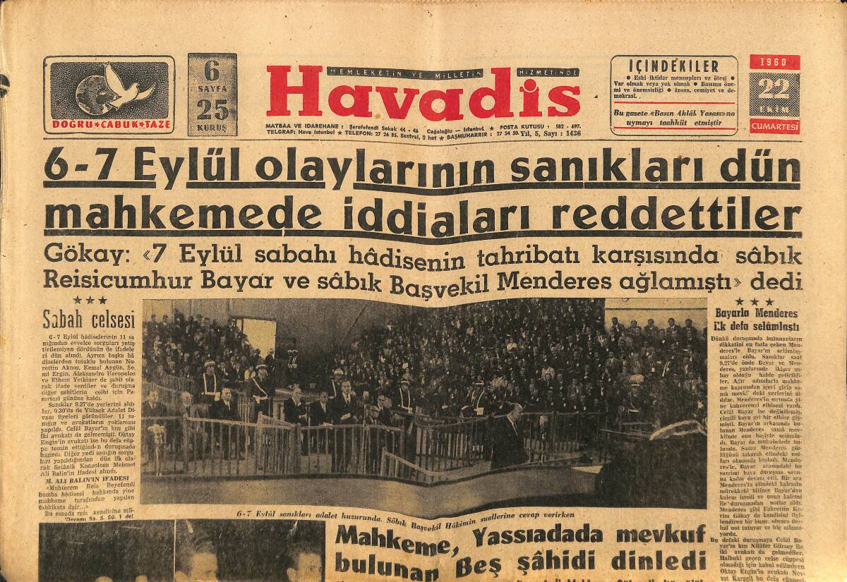 Havadis Gazetesi 22 Ekim 1960 - Basınımızın 100. Yıldönümü Kutlandı - Nüfus Sayımı Yarın Yapılıyor GZ148675 - 1