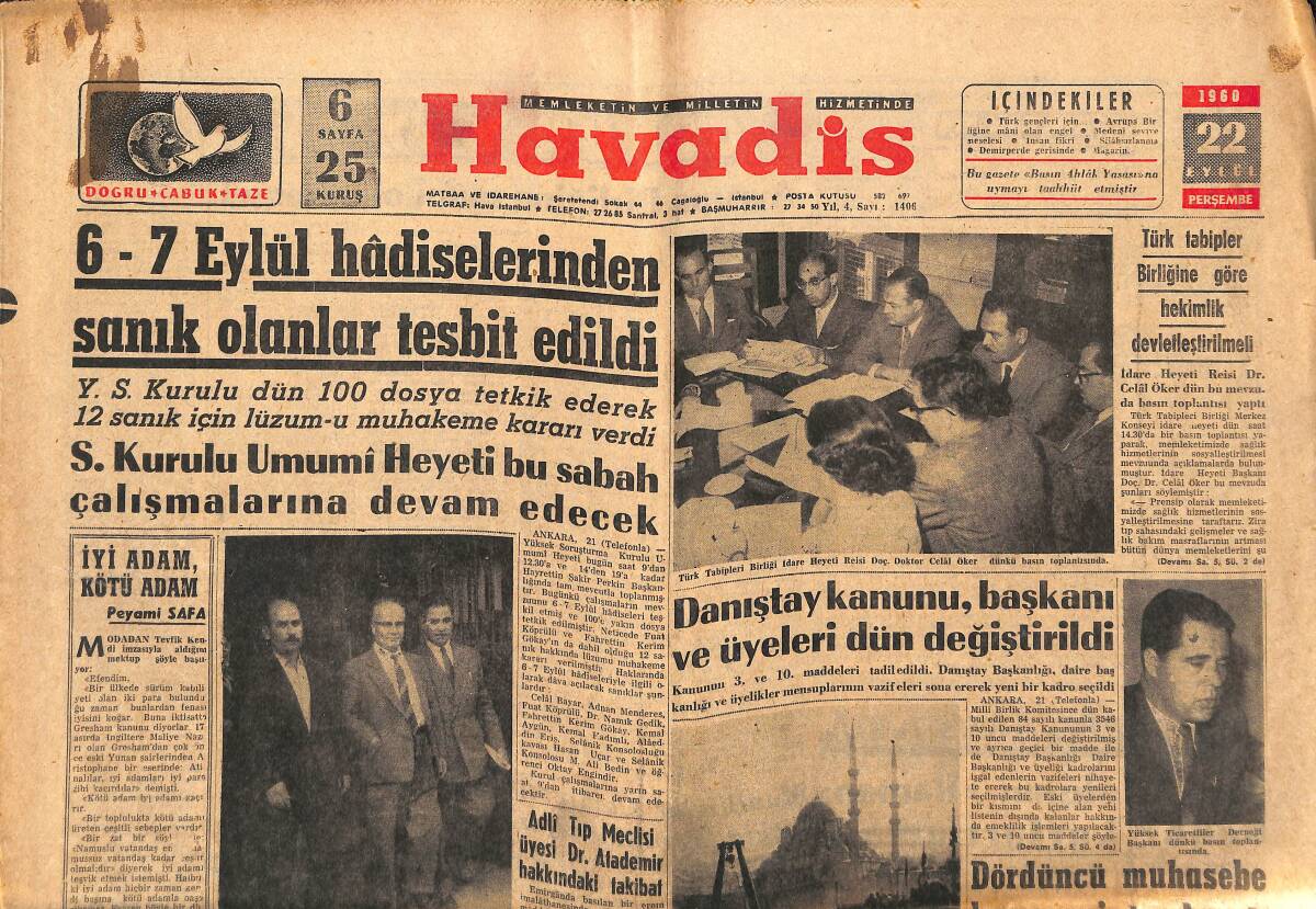 Havadis Gazetesi 22 Eylül 1960 - Ziraat İşçileri Sosyal Sigortadan Faydalanacak - Karagümrük Dün Kampa Girdi GZ147077 - 1