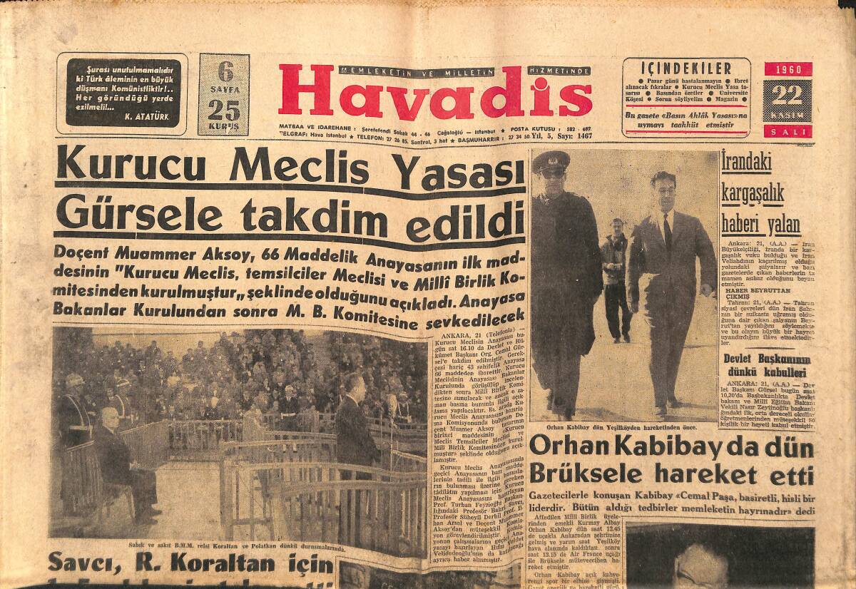 Havadis Gazetesi 22 Kasım 1960 - Japon Anayasası Değiştirilmiyor - Orhan Kabibay da Dün Brüksel'e Hareket Etti GZ147089 - 1