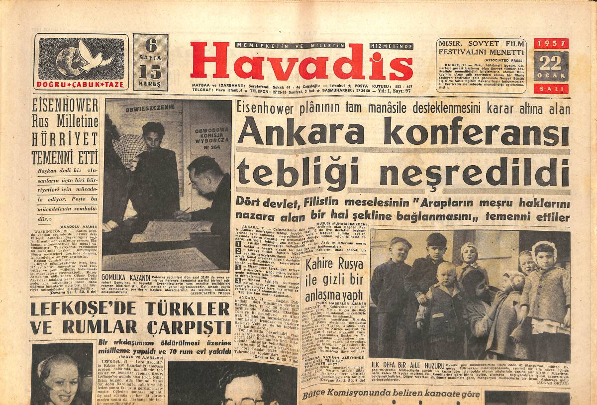 Havadis Gazetesi 22 Ocak 1957 - Ankara Konferansı Tebliği Neşredildi - Prof. Högg İşe Başlıyor GZ142870 - 1