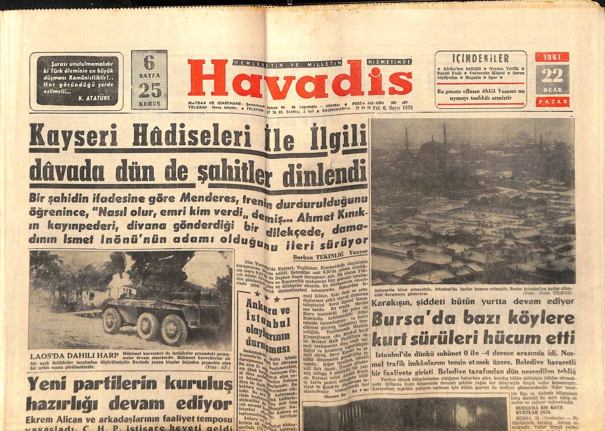Havadis Gazetesi 22 Ocak 1961 - Kraliçe Elizabeth, Kıbrıs'ta Küçük Ve Makarios'la Görüştü - Gina Lollobrigida Zayıflıyor GZ147186 - 1