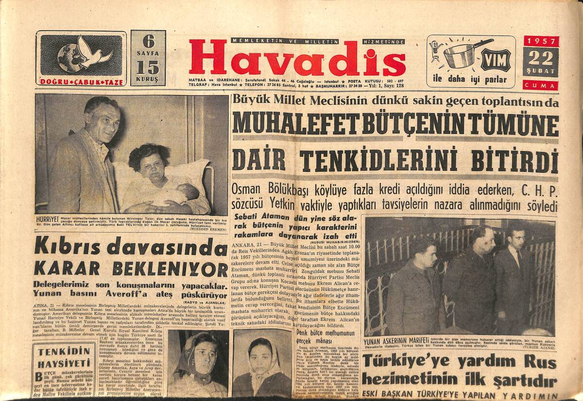 Havadis Gazetesi 22 Şubat 1957 - İran Petrolleri De Türkiye'den Geçecek - Kıbrıs Davasında Karar Bekleniyor GZ149038 - 1