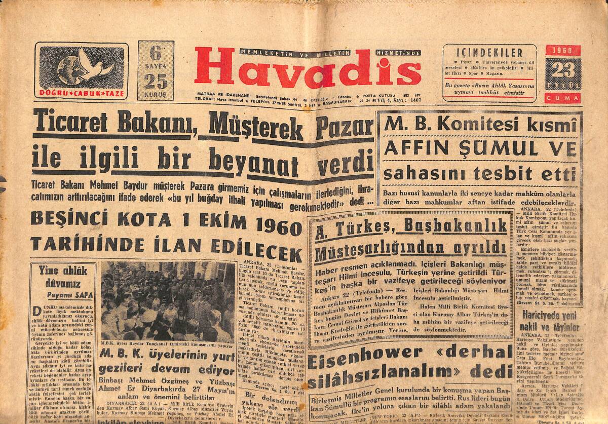 Havadis Gazetesi 23 Eylül 1960 - İndus Anlaşması - Eisenhower Derhal Silahsızlanalım Dedi GZ147078 - 1