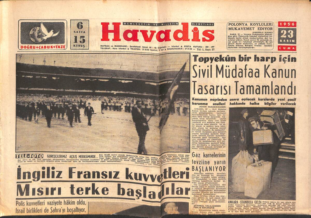 Havadis Gazetesi 23 Kasım 1956 - Clare Luce İstifa Etti - İngiliz Fransız Kuvvetleri Mısır'ı Terke Başladılar GZ147220 - 1