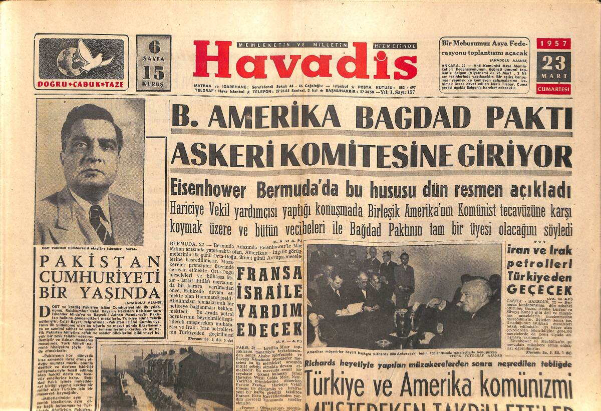 Havadis Gazetesi 23 Mart 1957 - Pakistan Cumhuriyeti Bir Yaşında - Kızıl Çin Rusya'yı Tenkid Ediyor GZ149251 - 1