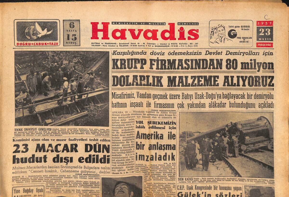 Havadis Gazetesi 23 Mayıs 1957 - İran Şahı Koraltan'a Tac Nişanı Tevcih Etti - Sanayi , Maden Ve Enerji Vekâleti Kanunu Kabul Edildi GZ149108 - 1