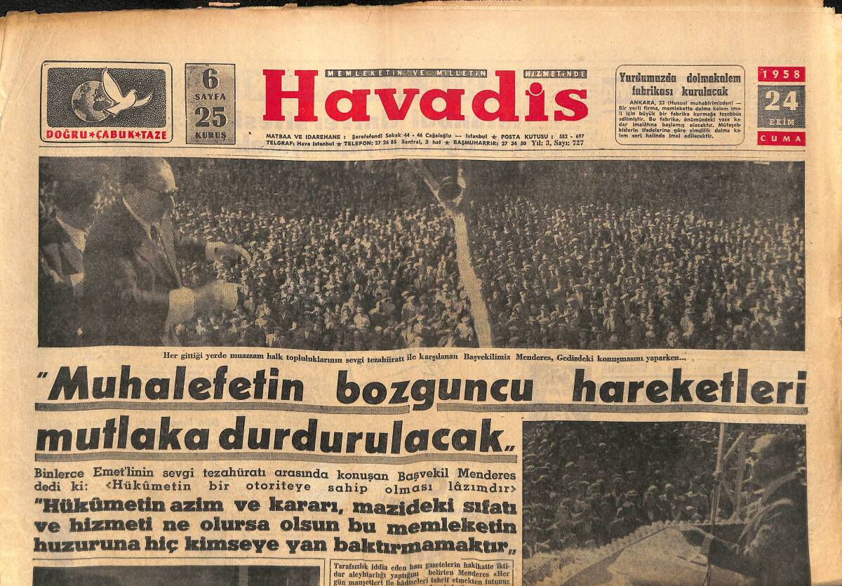 Havadis Gazetesi 24 Ekim 1958 - De Gaulle Hür Cezayirlileri Dün Müzakereye Davet Etti - Spaak'ın Kıbrıs Konferansı İçin Arabuluculuğu Netice Veriyor GZ149084 - 1