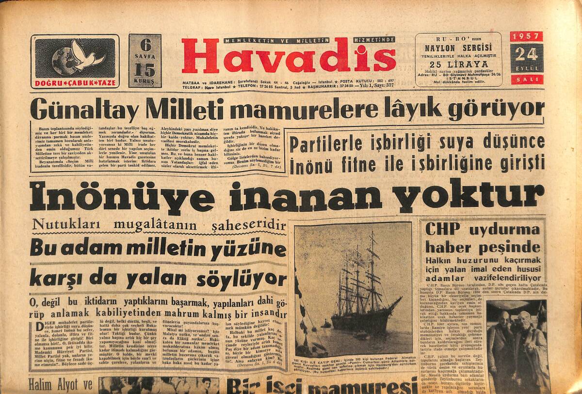 Havadis Gazetesi 24 Eylül 1957 - İnönü'ye İnanan Yoktur - Ercüment Çiftçinin Mühim İhbarları GZ148621 - 1