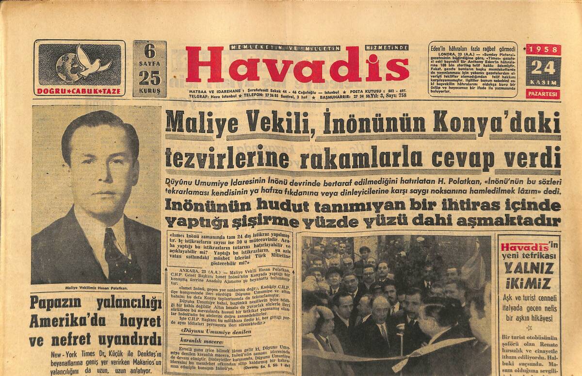 Havadis Gazetesi 24 Kasım 1958 - Amerikan Basını Leylâ Gencer'e Hayran - Menderes Ocağı GZ149158 - 1