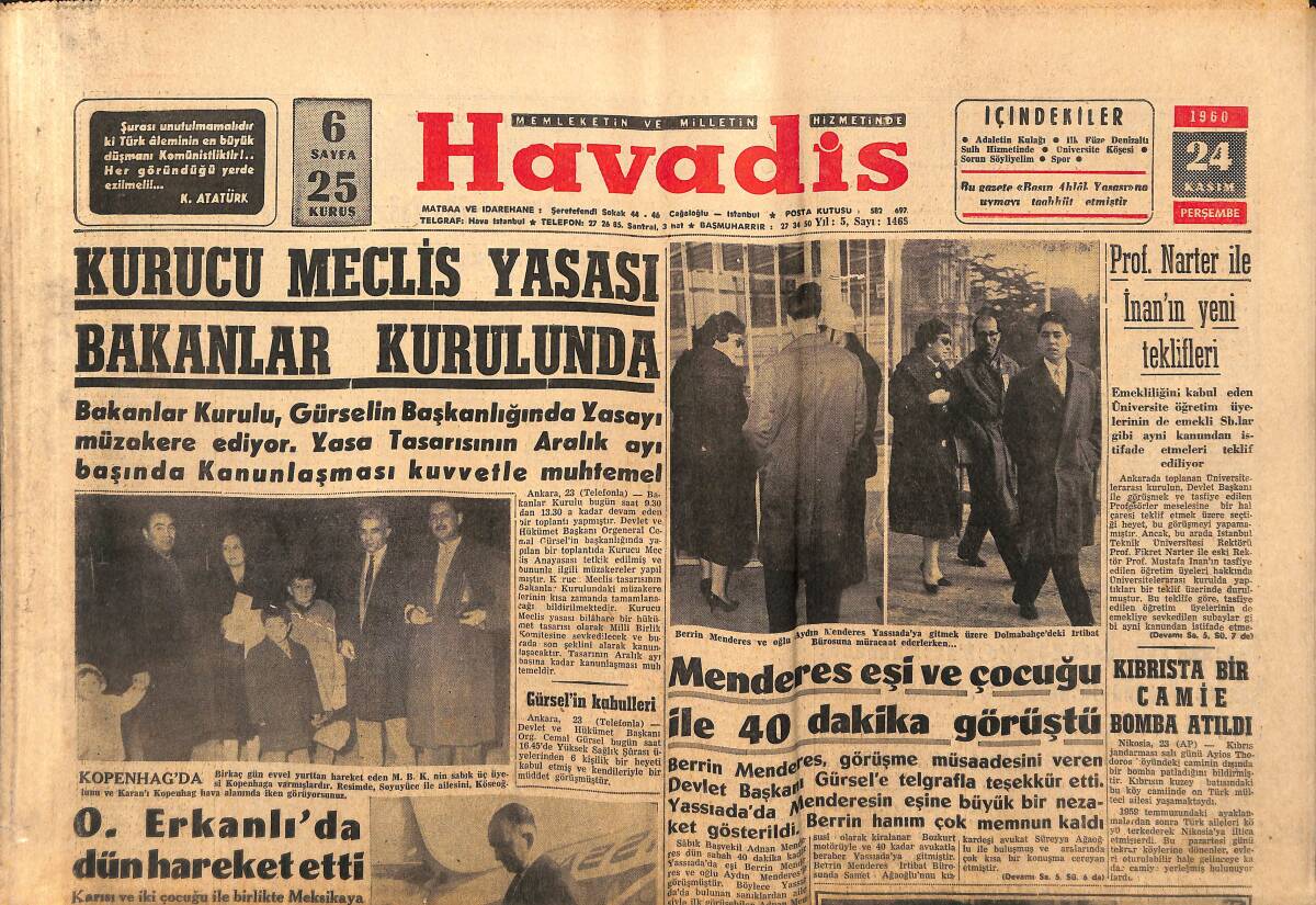 Havadis Gazetesi 24 Kasım 1960 - Kurucu Meclis Yasası Bakanlar Kurulunda - Prof. Narter İle İnan'ın Yeni Teklifleri GZ147091 - 1