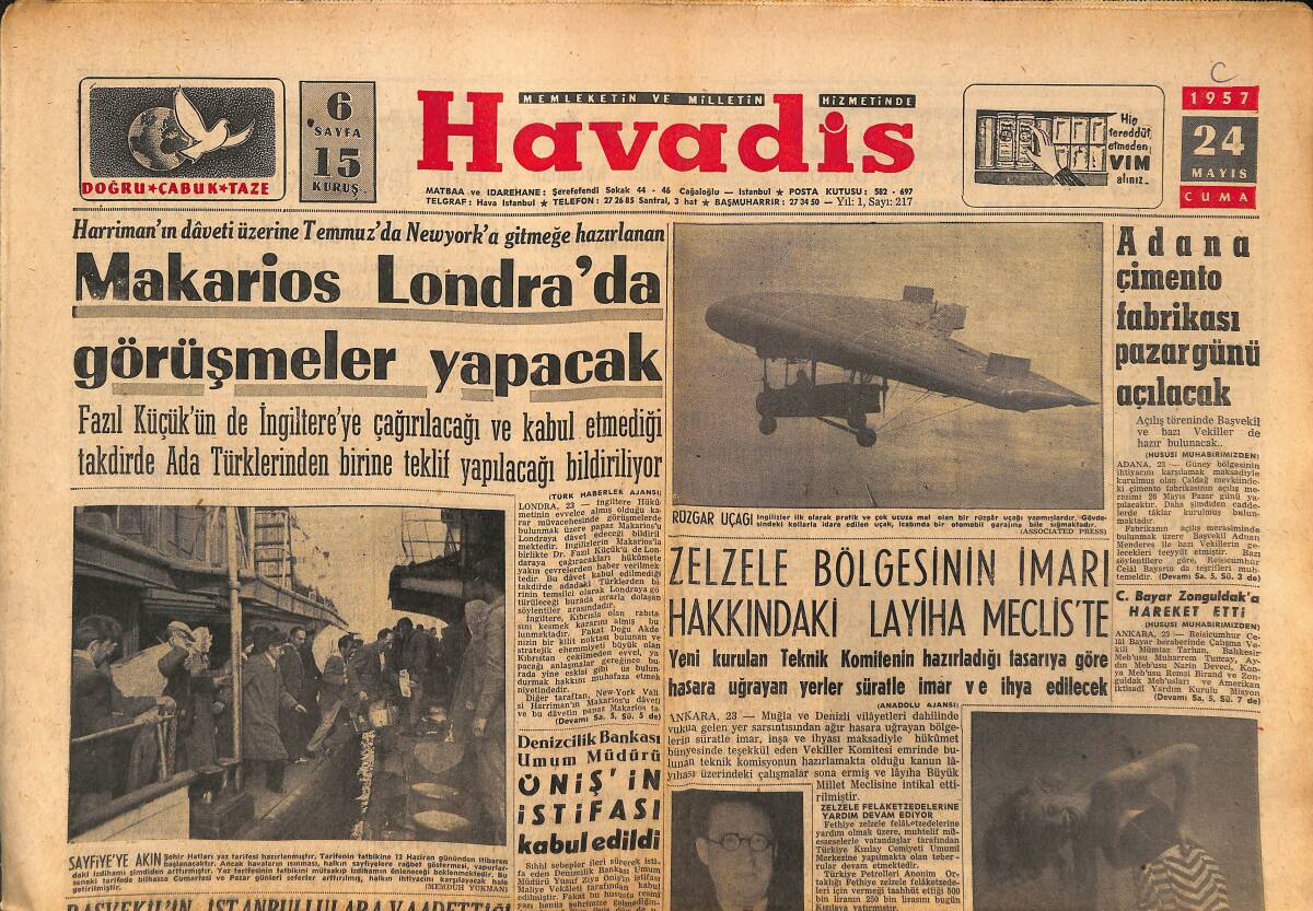Havadis Gazetesi 24 Mayıs 1957 - Makarios Londra'da Görüşmeler Yapacak - Dünyanın En Meşhur Kalp Cerrahı Şehrimizde GZ149109 - 1