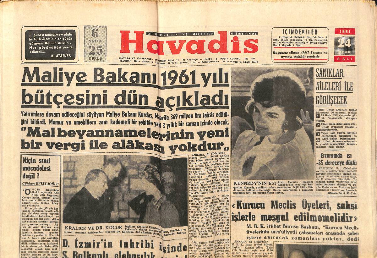 Havadis Gazetesi 24 Ocak 1961 - İngiltere Kraliçesi Elizabeth Ve Dr. Küçük - Kennedy'nin Eşi - Krupp Fabrikasının Efsanesi GZ147184 - 1