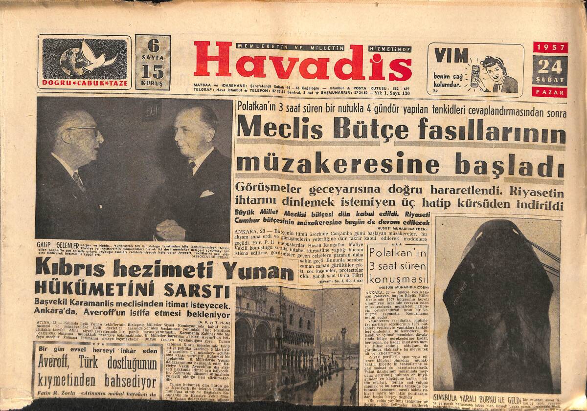 Havadis Gazetesi 24 Şubat 1957 - Avrupa'nın En Sıhhatli Kızı - Kıbrıs Hezimeti Yunan Hükümetini Sarstı GZ149040 - 1