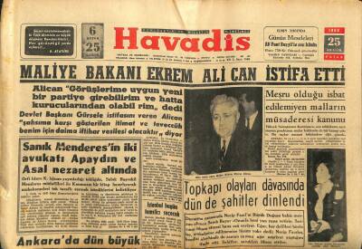 Havadis Gazetesi 25 Aralık 1960 - Maliye Bakanı Ekrem Ali Can İstifa Etti - Yugoslav Tankeri Alevler İçinde GZ122082 - 1