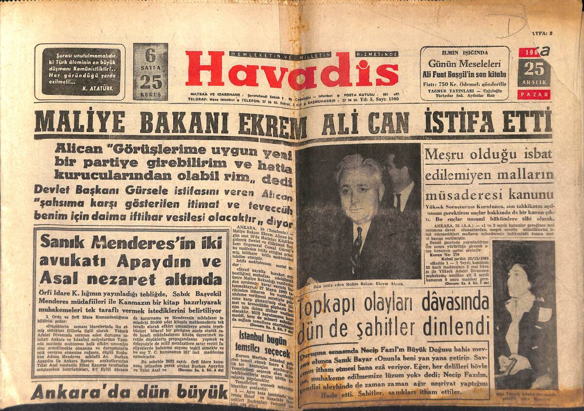 Havadis Gazetesi 25 Aralık 1960 - Yugoslav Tankeri Dumanlar İçinde - Beşiktaş Canavarı Ünver Evvelki Gece İdam Edildi GZ147103 - 1