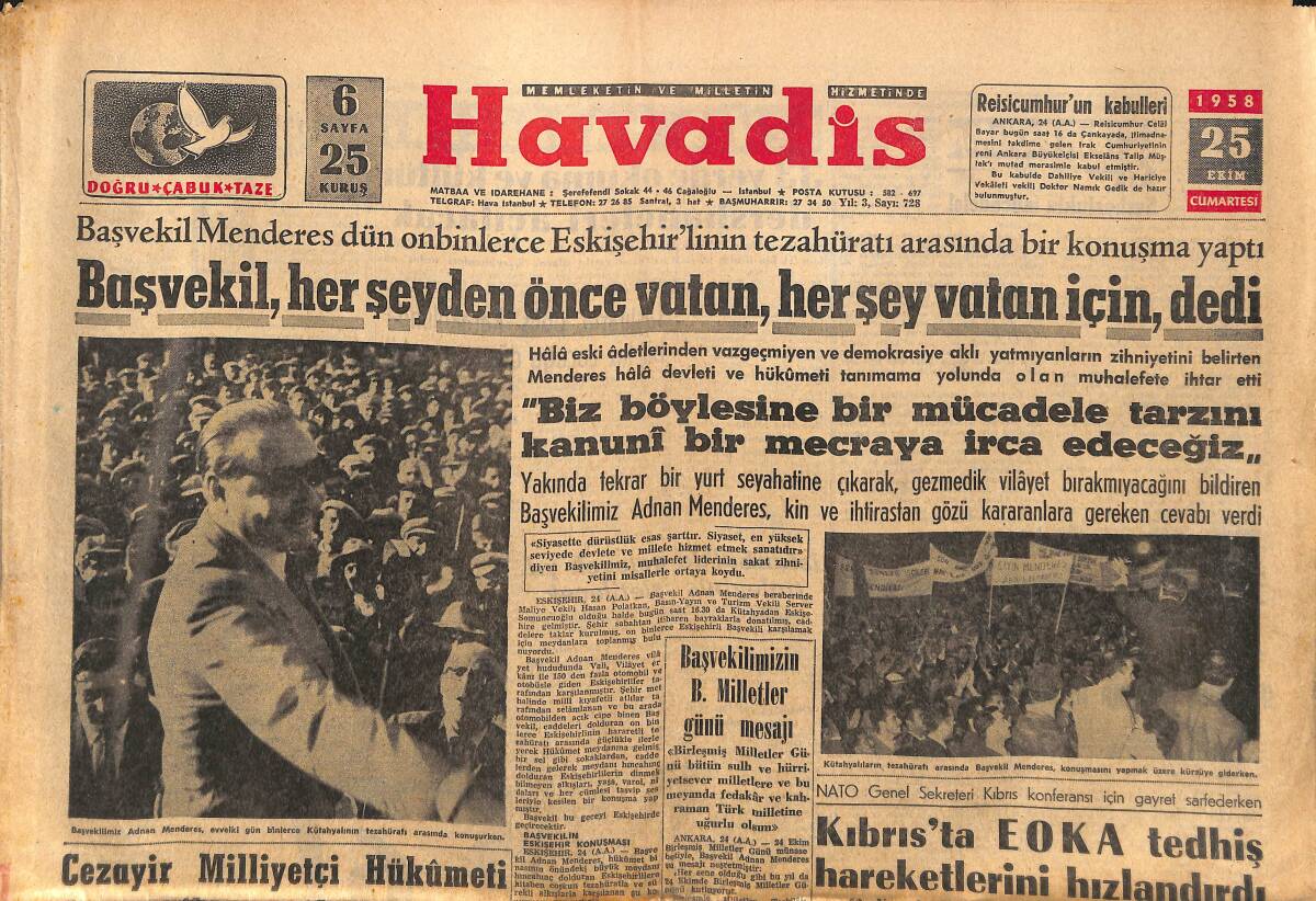 Havadis Gazetesi 25 Ekim 1958 - Milliyetçiler Kemoy Adasını Boşaltıyor - Kıbrıs'ta EOKA Tedhiş Hareketlerini Hızlandırdı GZ149085 - 1