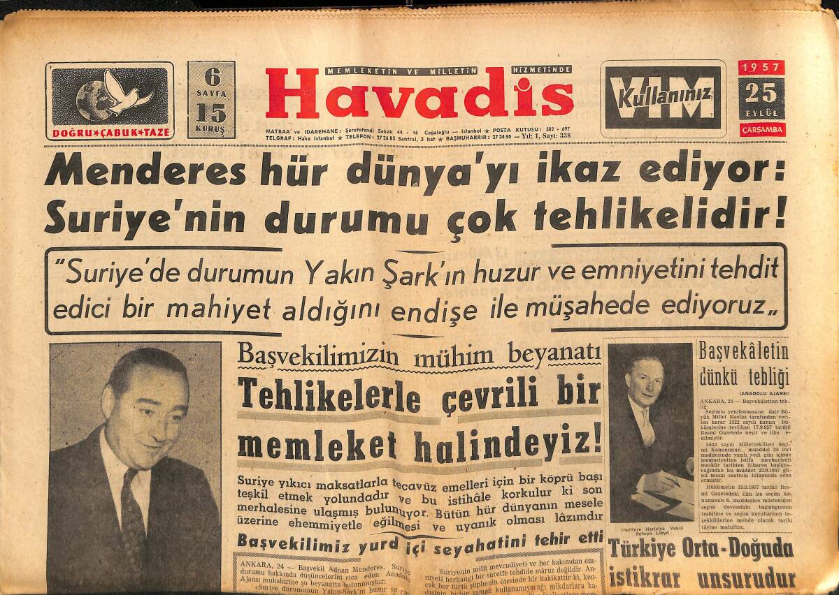 Havadis Gazetesi 25 Eylül 1957 - Menderes Hür Dünyayı İkaz Ediyor - Sophia Loren İle Prodüktör Ponti Nasıl Seviştiler GZ148622 - 1