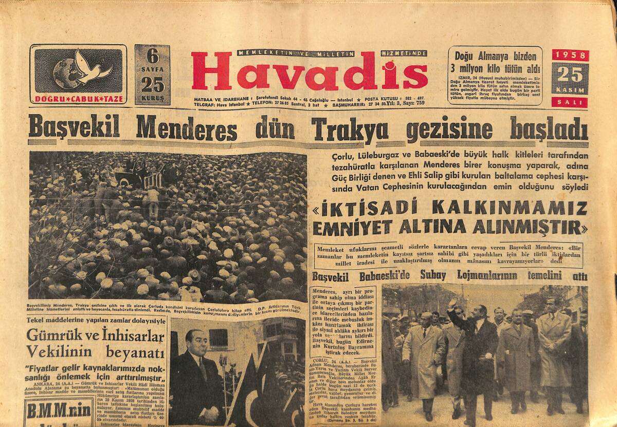 Havadis Gazetesi 25 Kasım 1958 - Başvekil Menderes Dün Trakya Gezisine Başladı - Adana'da Büyük Bir Yangın GZ149159 - 1