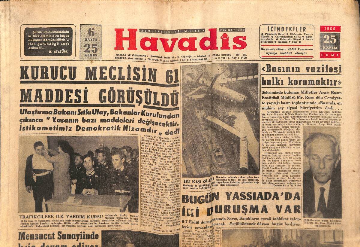 Havadis Gazetesi 25 Kasım 1960 - Kurucu Meclis'in 61 Maddesi Görüşüldü - Men'i Muhakeme Kararı Alanlar Memur Olabilecek GZ147092 - 1