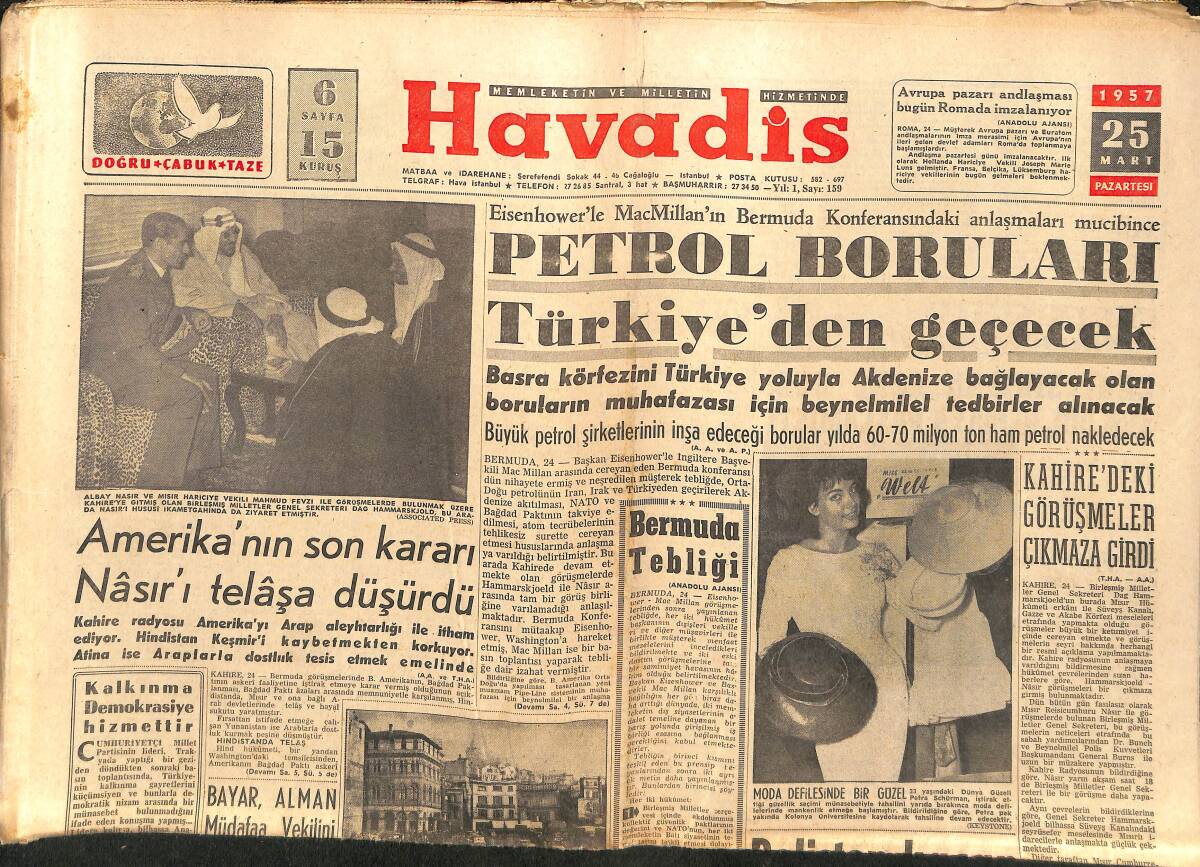 Havadis Gazetesi 25 Mart 1957 - Petrol Boruları Türkiye'den Geçecek - Avusturya'nın Sophia Loren'i GZ149253 - 1