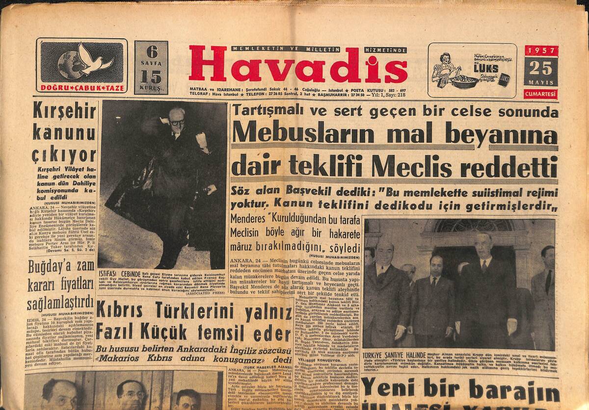 Havadis Gazetesi 25 Mayıs 1957 - Kıbrıs Türklerini Yalnız Fazıl Küçük Temsil Ediyor - Kırşehir Kanunu Çıkıyor GZ149110 - 1
