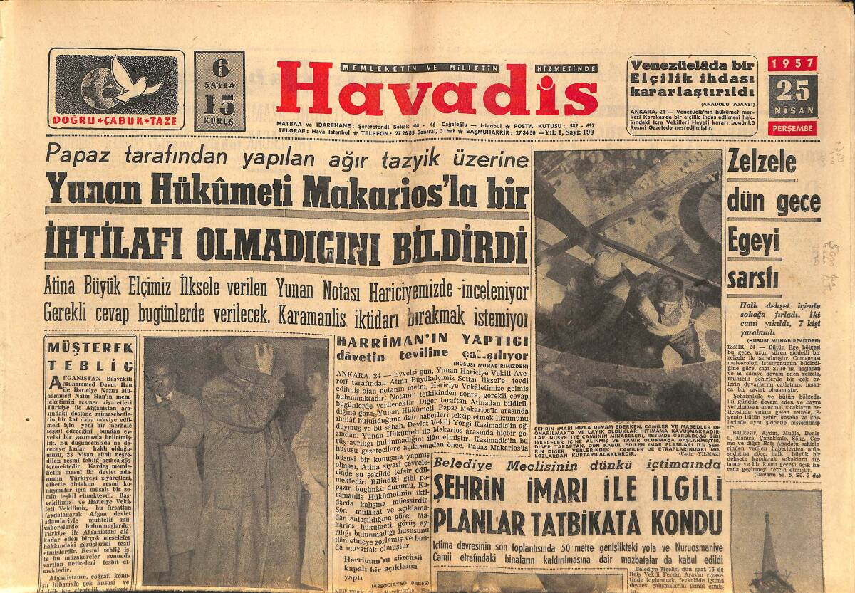 Havadis Gazetesi 25 Nisan 1957 - Makarios'u Atinada Galata Papazı İspiro Karşılamaya Gitmiş GZ149117 - 1