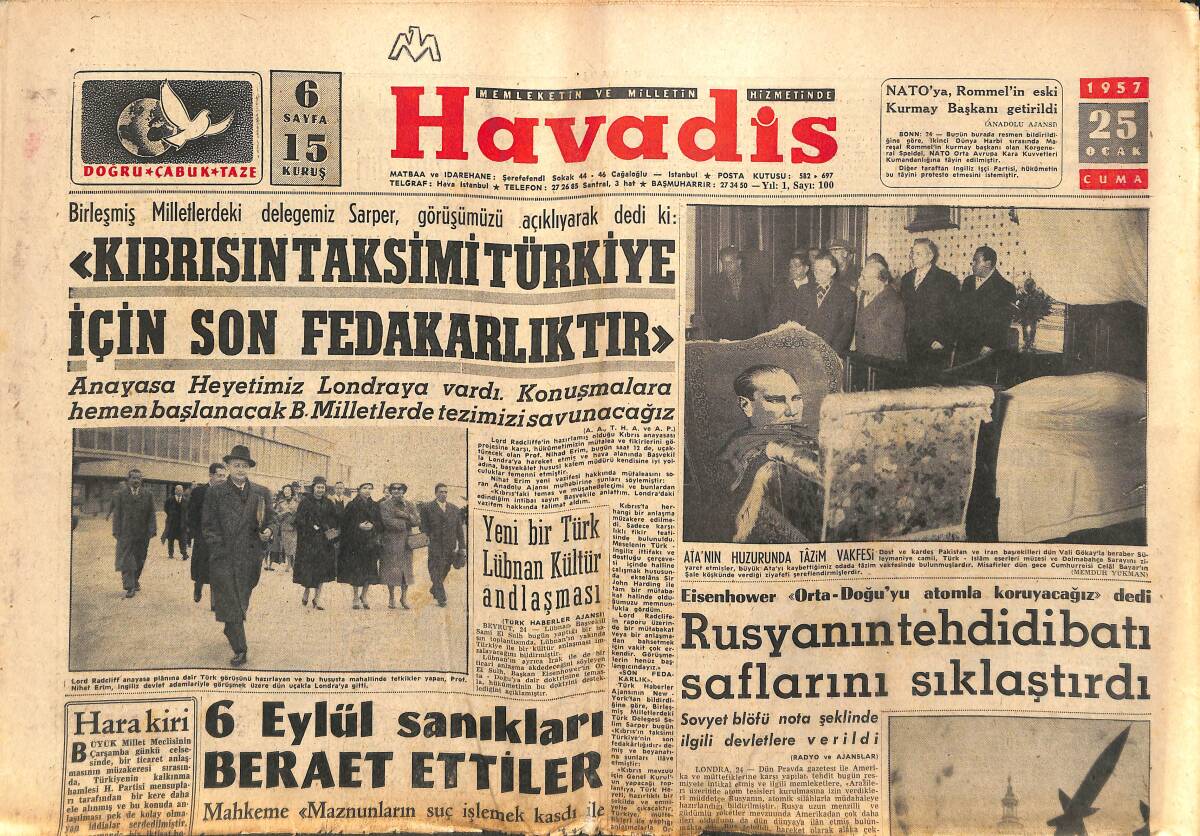 Havadis Gazetesi 25 Ocak 1957 - Mısır , Sina İçin Harbe Hazırmış - Yeni Bir Türk Lübnan Kültür Andlaşması GZ142867 - 1