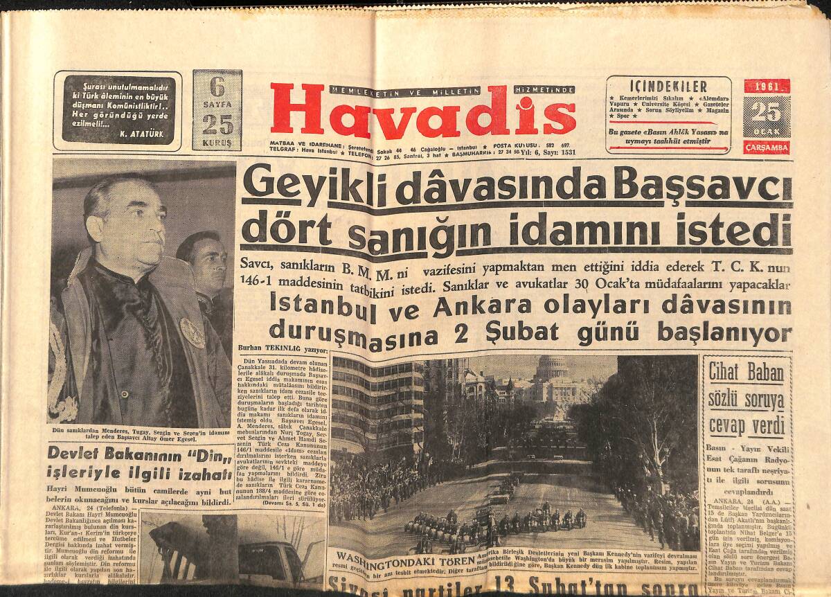 Havadis Gazetesi 25 Ocak 1961 - Fransızlar Tunus'u Bombardıman Etti - Tarabya Faciası Kısmen Aydınlandı GZ147183 - 1