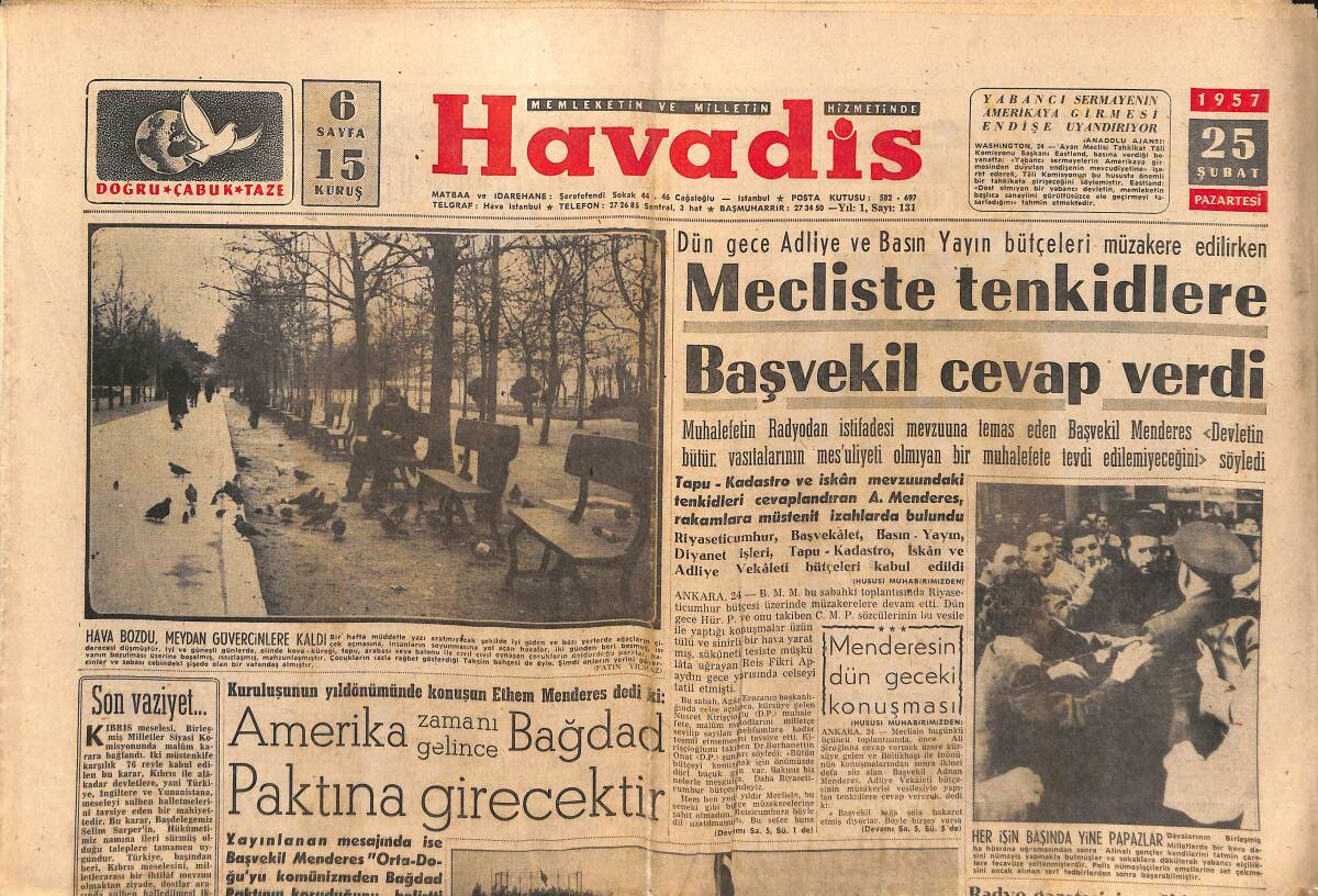 Havadis Gazetesi 25 Şubat 1957 - Mısır Rusya'dan 500 Uçak Aldı - Menderes'in Dün Geceki Konuşması GZ149041 - 1