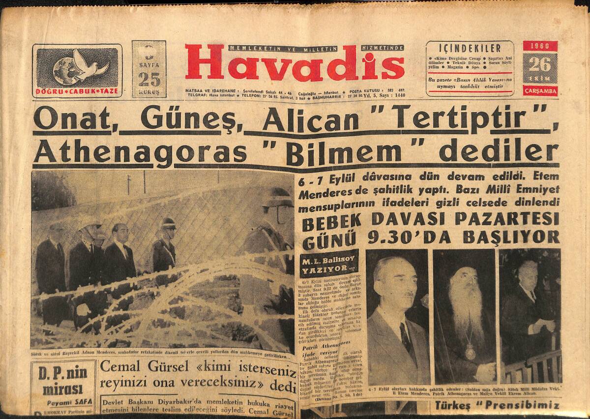 Havadis Gazetesi 26 Ekim 1960 - İnönü'ye Tezahürat Yapıldı - Galatasaray Yarın Kampa Giriyor GZ148679 - 1