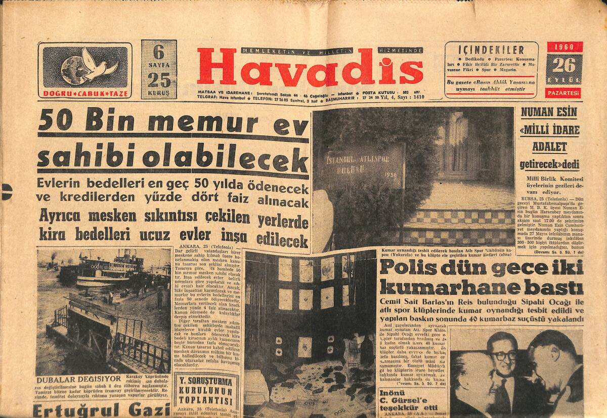 Havadis Gazetesi 26 Eylül 1960 - Tifo'nun Önlenmesi İçin Tedbir Alındı - Rapid Dün Geldi GZ147080 - 1