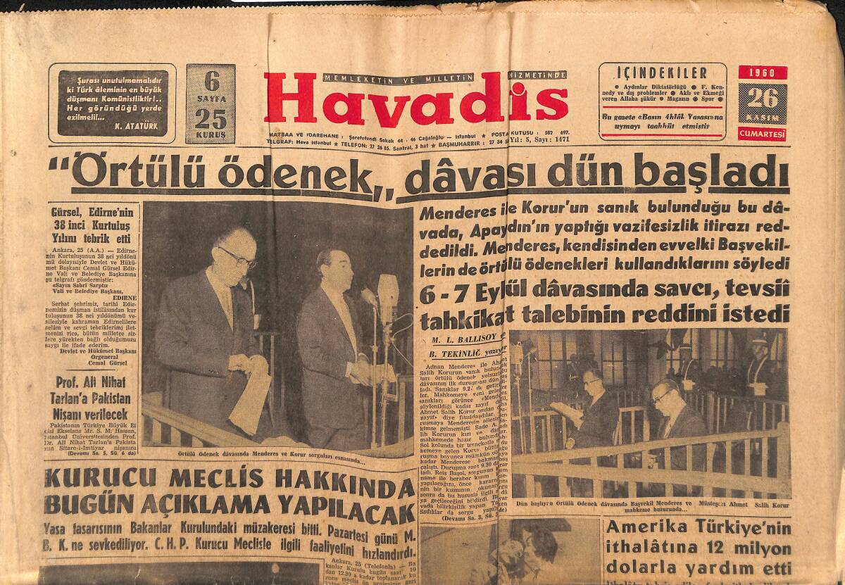 Havadis Gazetesi 26 Kasım 1960 - Kennedy'nin Oğlu Oldu - Örtülü Ödenek Davası Dün Başladı GZ147093 - 1