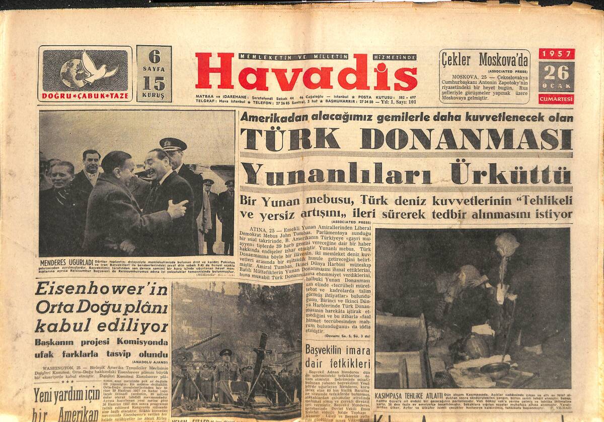 Havadis Gazetesi 26 Ocak 1957 - Eisenhower'in Orta Doğu Planı Kabul Ediliyor - Rusya Mısırı Harbe Hazırlıyor GZ142866 - 1