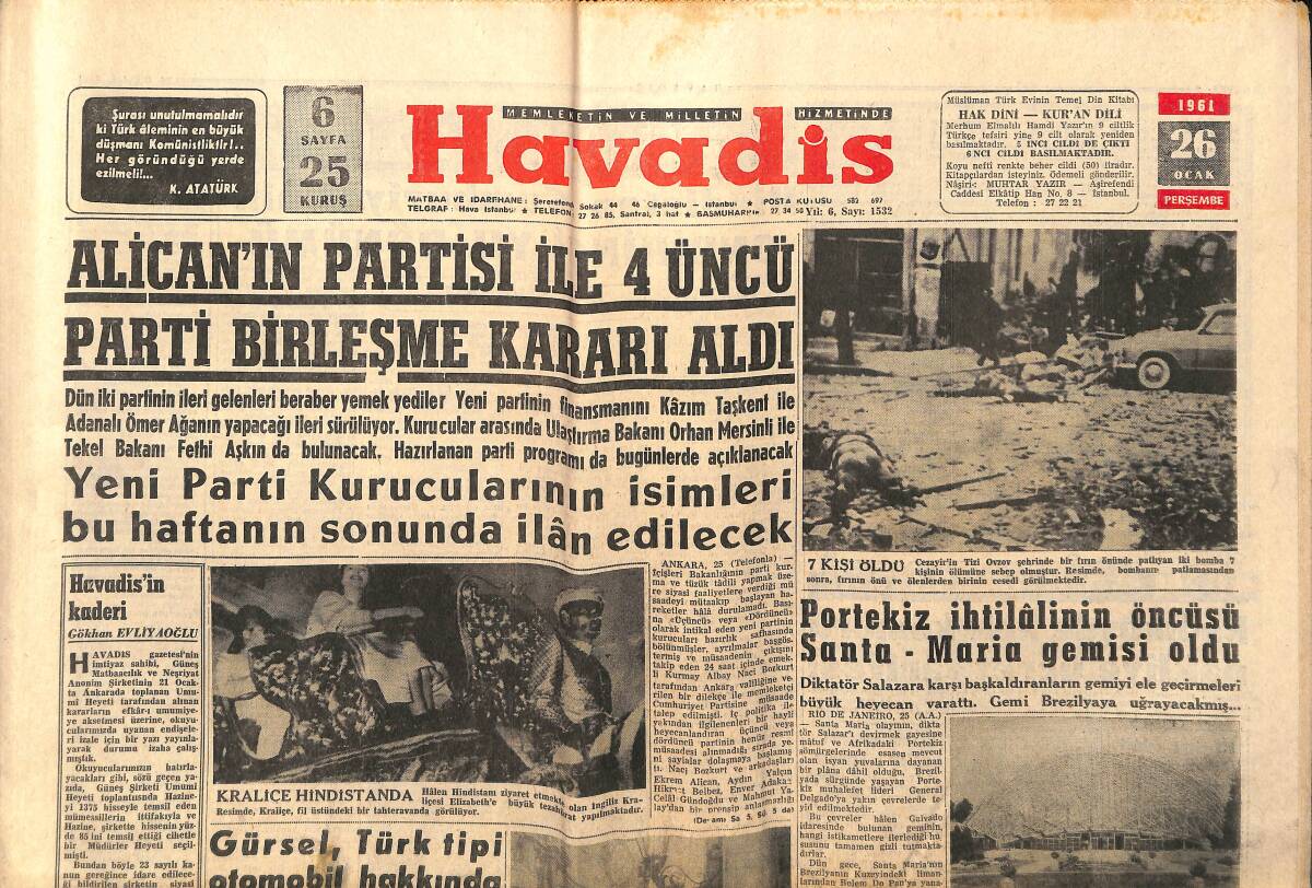Havadis Gazetesi 26 Ocak 1961 - Kraliçe Elizabeth Hindistan'da - Fenerbahçe, Galatasaray'a Rövanş Maçı Teklif Etti - Brigitte Bardot GZ147182 - 1