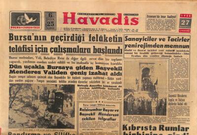 Havadis Gazetesi 27 Ağustos 1958 - Bursanın Geçirdiği Felaketin Telafisi İçin Çalışmalara Başlandı GZ82980 - 1