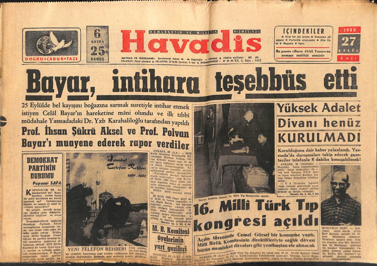 Havadis Gazetesi 27 Eylül 1960 - Bayar , İntihara Teşebbüs Etti - 16. Milli Türk Tıp Kongresi Açıldı GZ147081 - 1