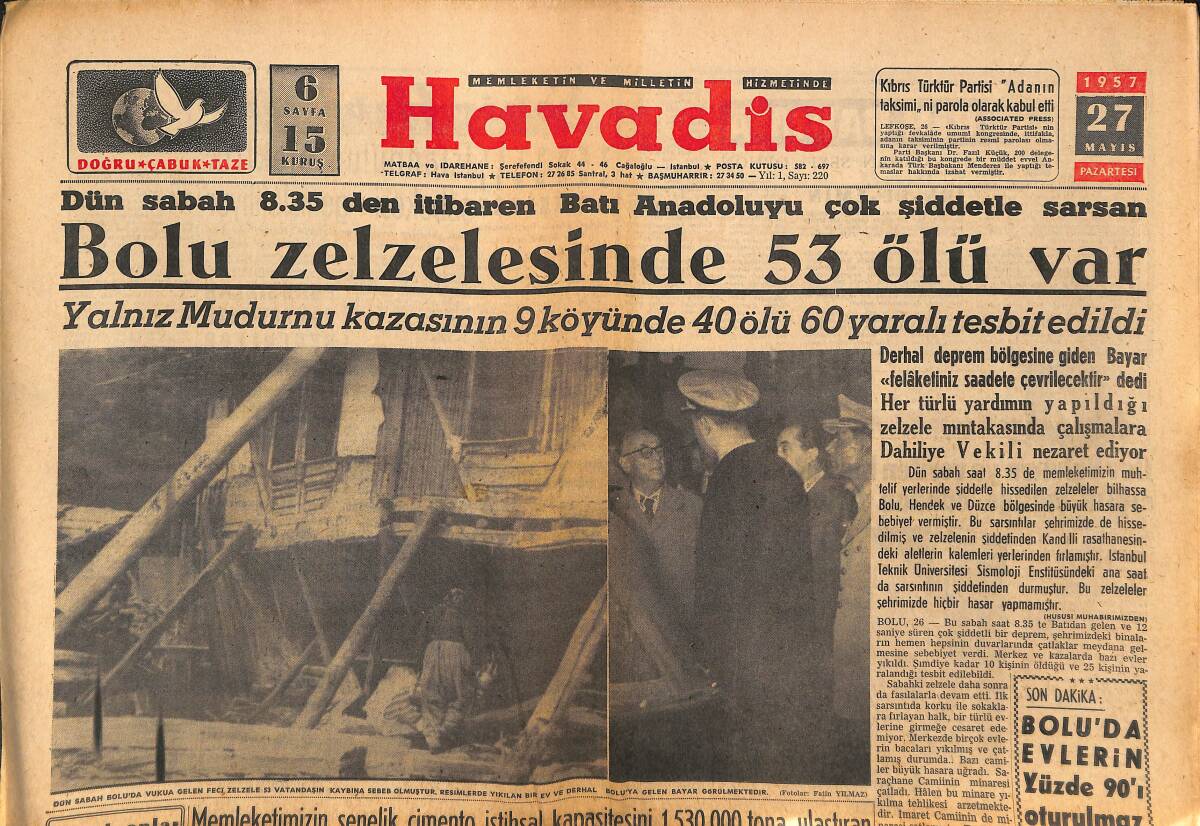 Havadis Gazetesi 27 Mayıs 1957 - Adana Çimento Fabrikası Dün İşletmeye Açıldı - Menderes İstanbul'da GZ149112 - 1