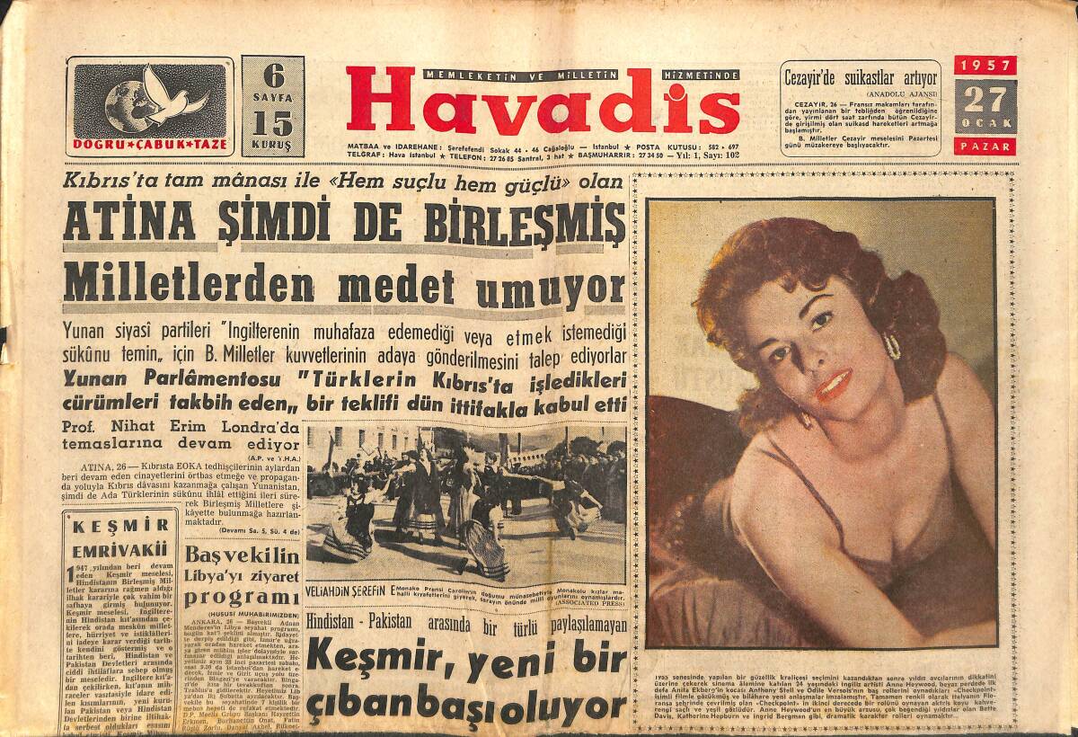Havadis Gazetesi 27 Ocak 1957 - Rusya İngiltere'yi Açıkça Tehdit Ediyor - Tütün Fiatlarında İstikrar Temin Edilecek GZ142865 - 1
