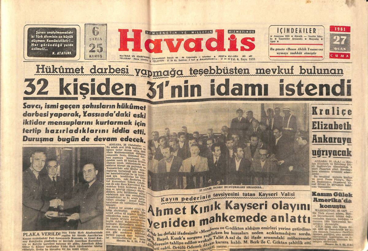 Havadis Gazetesi 27 Ocak 1961 - Kraliçe Elizabeth Ankara'ya Uğrayacak - Dünyanın En Güzel Kadını Liz Taylor, Mesut Olmak İstiyor GZ147181 - 1
