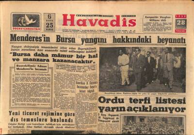 Havadis Gazetesi 28 Ağustos 1958 - Menderesin Bursa Yangını Hakkındaki Beyanatı GZ82979 - 1