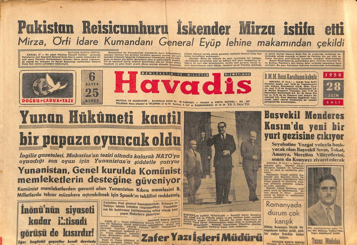 Havadis Gazetesi 28 Ekim 1958 - Yunan Hükümeti Kaatil Bir Papaza Oyuncak Oldu - Harb Vukuunda Rusya Mısır'da Üslenecek GZ149087 - 1