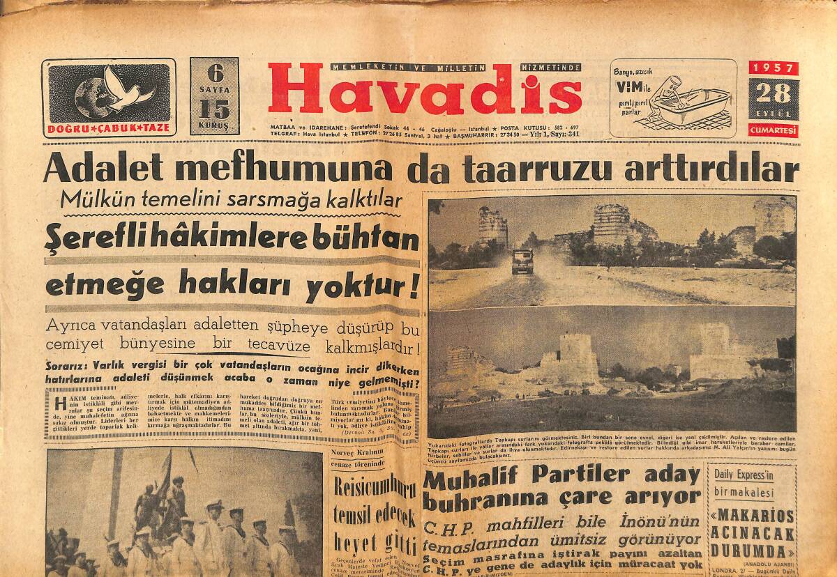 Havadis Gazetesi 28 Eylül 1957 - Gece Boğazda İki Gemi Çarpıştı - Sophia Loren Evlendi - Sophia İle Gina Arasındaki Rekabet GZ148625 - 1