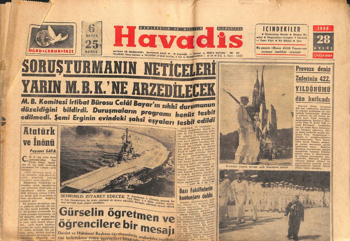 Havadis Gazetesi 28 Eylül 1960 - S.Sarper'in Kruşçev İle Görüşmesi Muhtemel - Atatürk Ve İnönü GZ147082 - 1
