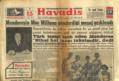 Havadis Gazetesi 28 Haziran 1958 - Menderesin MacMillana Gönderdiği Mesaj Açıklandı GZ121246 - 1