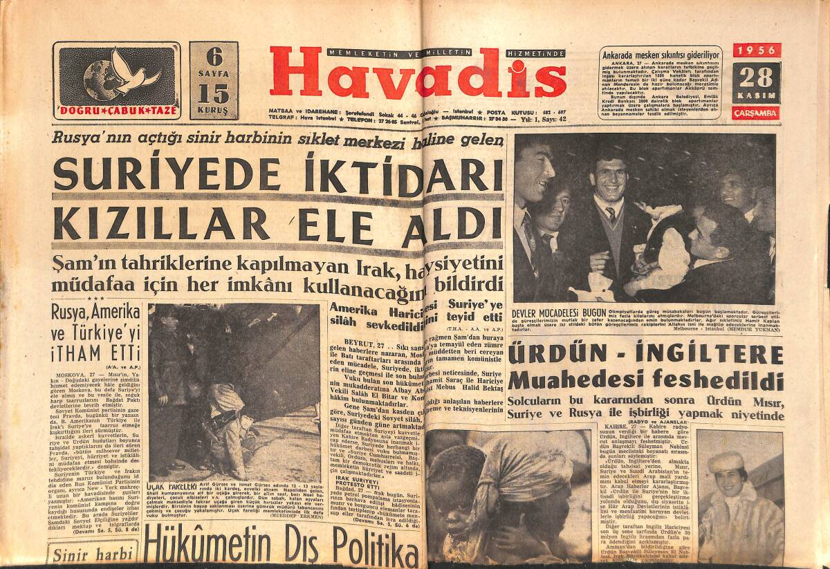 Havadis Gazetesi 28 Kasım 1956 - Suriye'de İktidarı Kızıllar Ele Aldı - Lefter Şimdi De Apandisit GZ147225 - 1