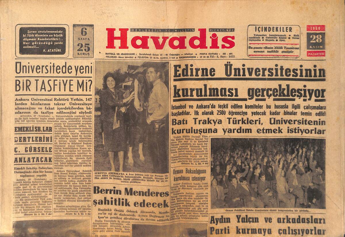 Havadis Gazetesi 28 Kasım 1960 - Süreyya Amerika'da - Edirne Üniversitesinin Kurulması Gerçekleşiyor GZ155733 - 1